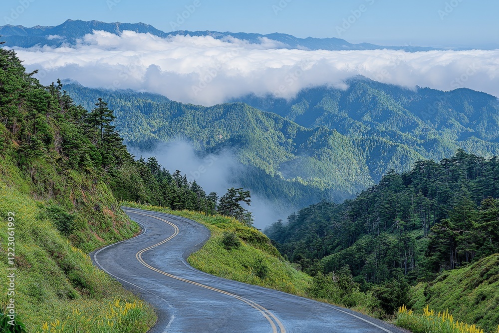 Fototapeta premium Winding road through lush mountains with clouds hovering above in a serene landscape