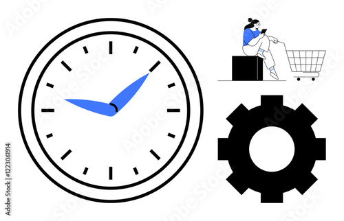 Large clock face with blue hands, gear icon, and person with a shopping cart. Ideal for productivity, time, efficiency, shopping, engineering lifestyle and business contexts. Abstract line flat