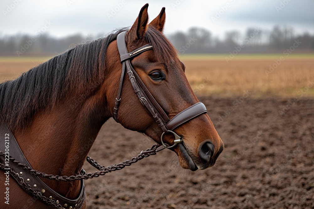 Beautiful brown horse with bridle in a rural field during overcast weather
