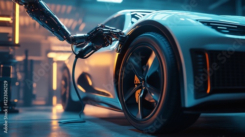 Robotic arm charging electric car in futuristic garage photo