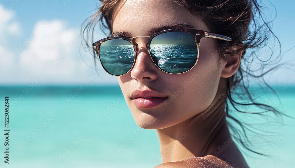 Reflections of Nature: Close-Up of a Woman in Sunglasses Merging with Serene Landscape in a Double Exposure Artwork Reflections of Nature: Close-Up of a Woman in Sunglasses Merging with Serene Landscape in a Double Exposure Artwork