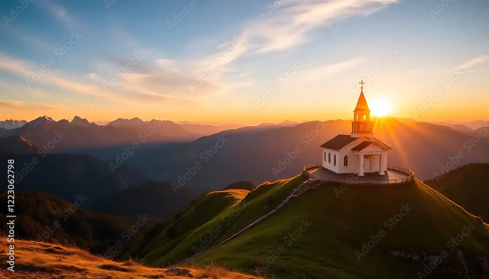 Obraz premium Mountaintop Chapel Sunset Scenic View