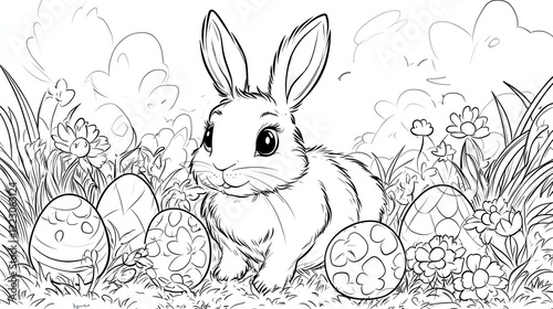 Charming bunny surrounded by colorful decorated eggs in lush gar