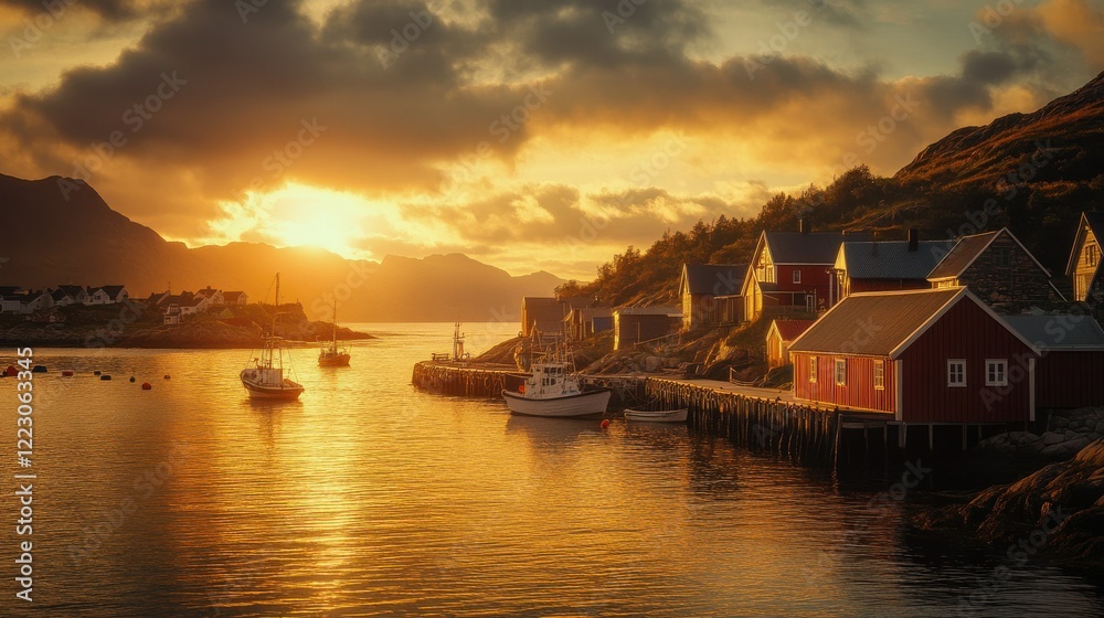 Fototapeta premium Scenic sunset over norwegian fjord with boats and red houses