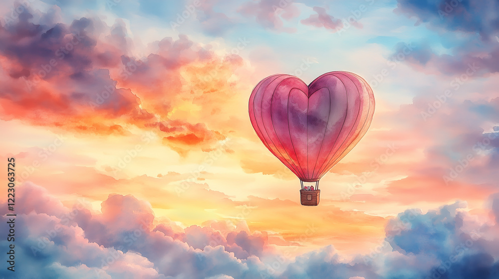 Fototapeta premium A dreamy watercolor scene of a heart-shaped hot air balloon floating over a pastel sunset sky, with soft clouds surrounding it and ample copy space in the sky