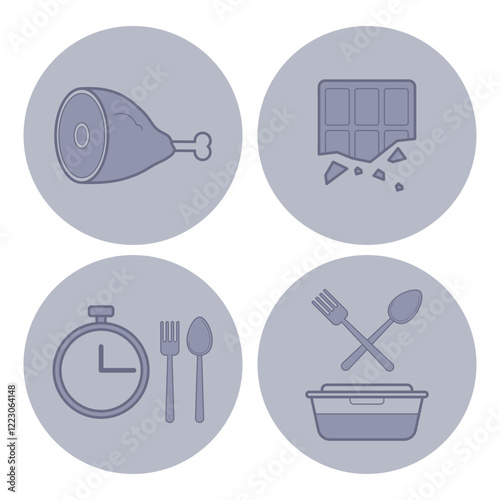 Collection of food-related icons. Piece of meat, chocolate, timer, and utensils arranged in a circular design. Culinary concept