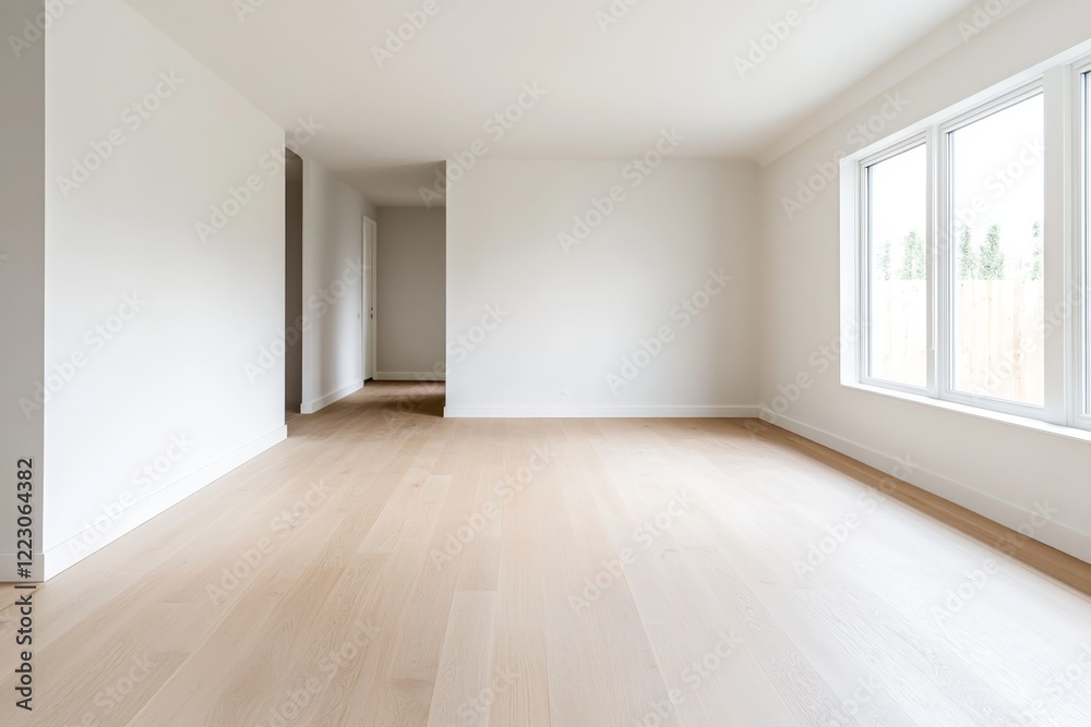 Empty modern living room with large windows and light wooden flooring in a newly constructed house