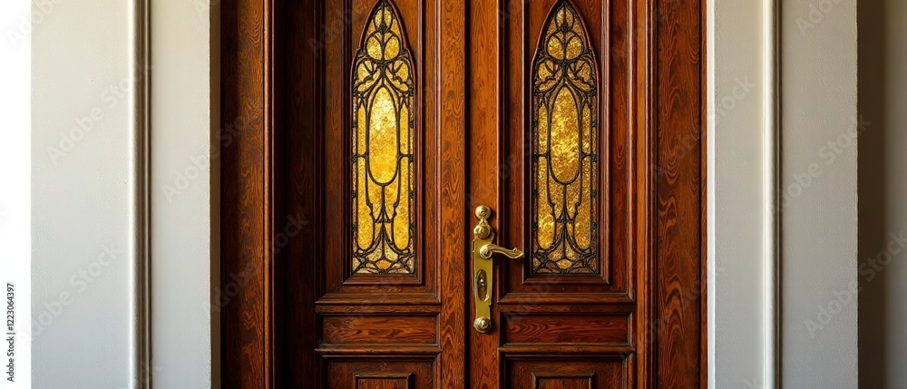 Antique Wooden Door with Stained Glass & Brass Hardware - High-Resolution Image Antique Wooden Door with Stained Glass & Brass Hardware - High-Resolution Image