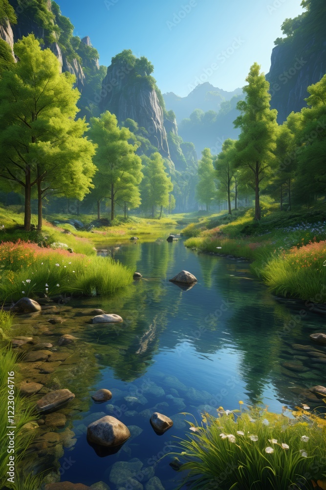painting of a river in a mountain valley with rocks and trees painting of a river in a mountain valley with rocks and trees