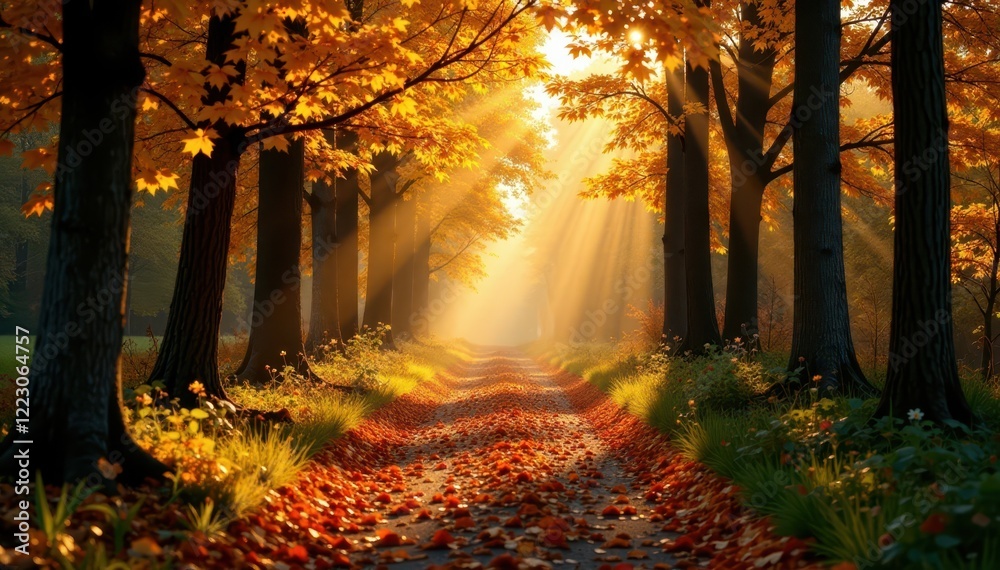 Fototapeta premium Sunlit forest path, golden leaves, autumnal light, beauty, landscape, foliage