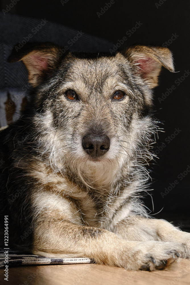 Fototapeta premium Sad view of a lonely dog resting on a carpet in a living room. Mongrel dog basking in the sun at a home. Shallow depth of field