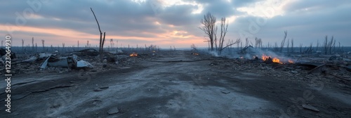 Desolate landscape with smoldering fires and bare trees at sunset