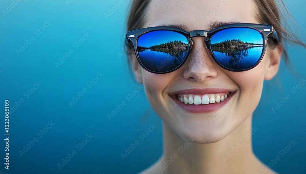 Smiling woman in sunglasses blended with vibrant landscape, showcasing the beauty of nature and emotion through a double exposure effect. Smiling woman in sunglasses blended with vibrant landscape, showcasing the beauty of nature and emotion through a double exposure effect.