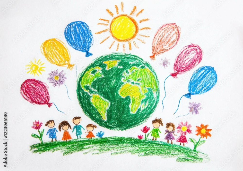 Naklejka premium Colorful hand drawn illustration of a globe surrounded by children, flowers, and balloons, symbolizing environmental awareness and joy