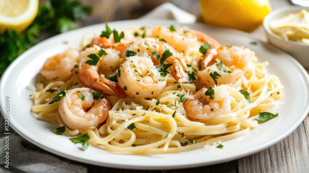 A classic and savory shrimp scampi with garlic, lemon, and parsley A classic and savory shrimp scampi with garlic, lemon, and parsley