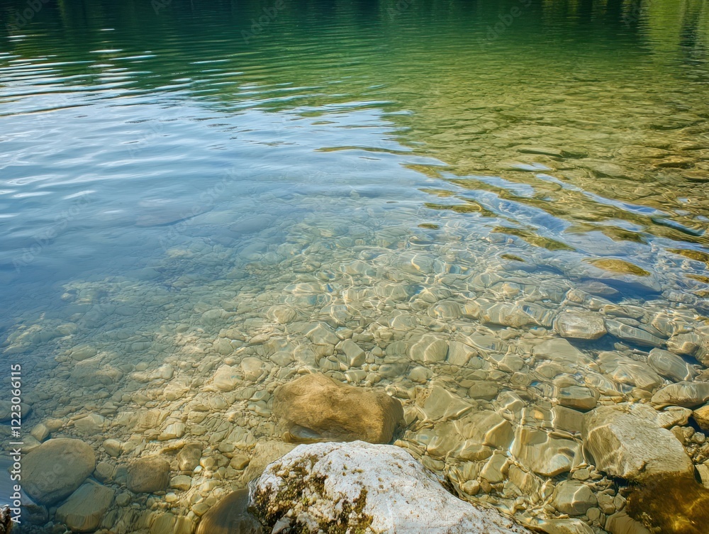 Crystal clear water revealing smooth stones at the bottom of a calm lake with tree reflections Crystal clear water revealing smooth stones at the bottom of a calm lake with tree reflections