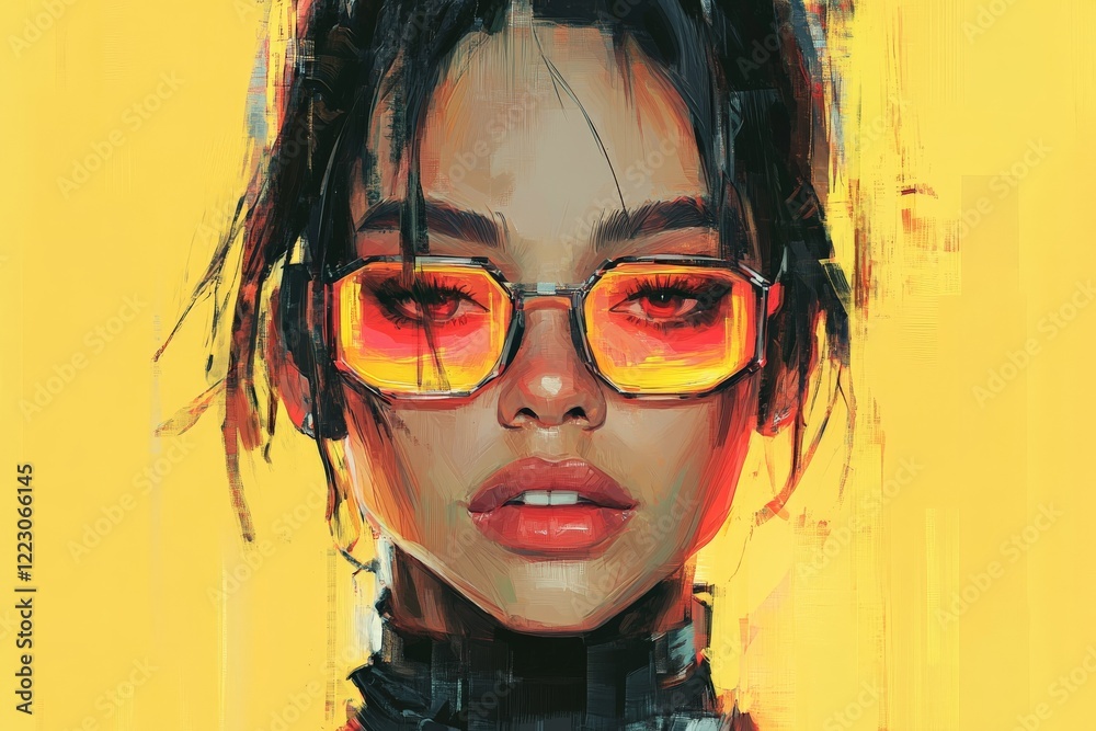 Bold portrait of a woman with striking glasses and vibrant yellow background showcasing modern art vibes Bold portrait of a woman with striking glasses and vibrant yellow background showcasing modern art vibes