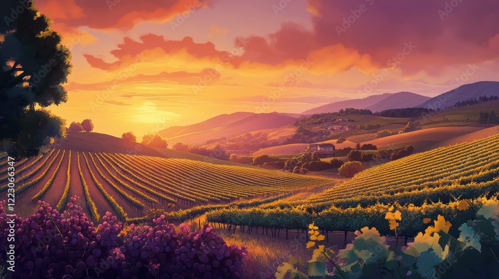 Naklejka premium Vibrant sunset over rolling vineyards in picturesque countryside