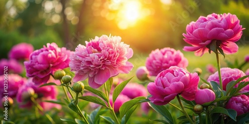 Vibrant pink peonies in a lush garden against a warm sunlight backdrop , Peony Blooms, Floral Arrangement
