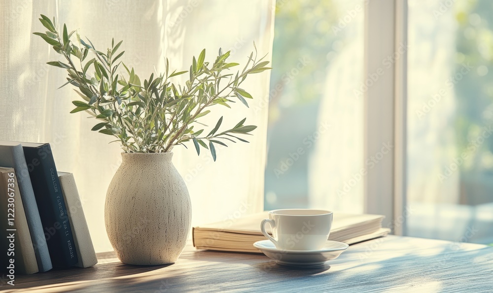 Elegant Mediterranean Home Office with Textured Vase and Olive Tree Branches, Coffee Cup, and Books on Wooden Table in Modern Interior Living Room Still Life, Morning Light, Tranquil Atmosphere Elegant Mediterranean Home Office with Textured Vase and Olive Tree Branches, Coffee Cup, and Books on Wooden Table in Modern Interior Living Room Still Life, Morning Light, Tranquil Atmosphere