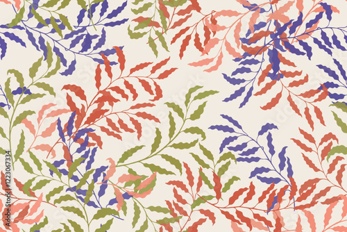 Willow branches tree leaves chic vector seamless pattern. Summer fashion dres...