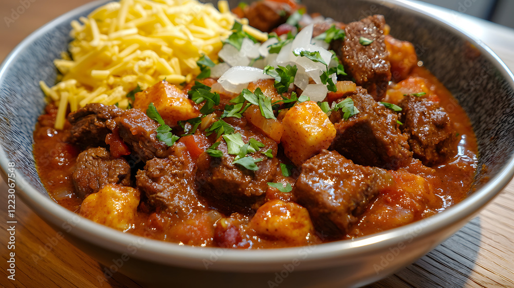 Chunks of Beef Simmered with Chili and Garnished with Onion and Cheese Chunks of Beef Simmered with Chili and Garnished with Onion and Cheese