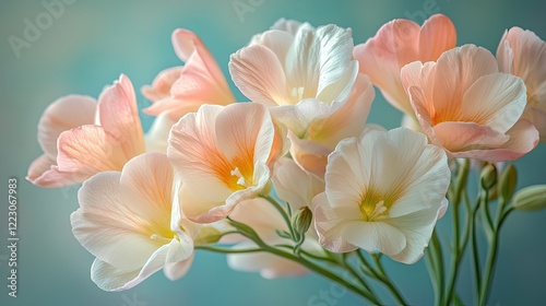 Delicate blossoms in soft pastel hues create an enchanting flora