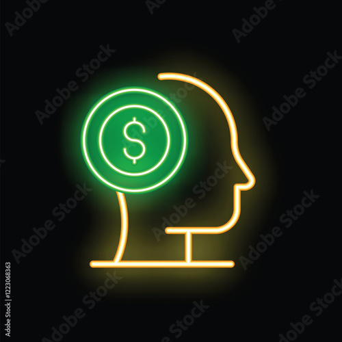 Neon sign of a human head with a dollar coin inside, representing the concept of a money oriented mindset