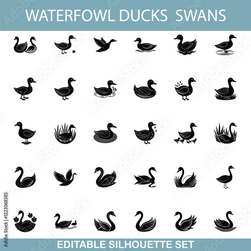 Waterfowl Silhouette Set Ducks, Swans, Editable Vector Icons