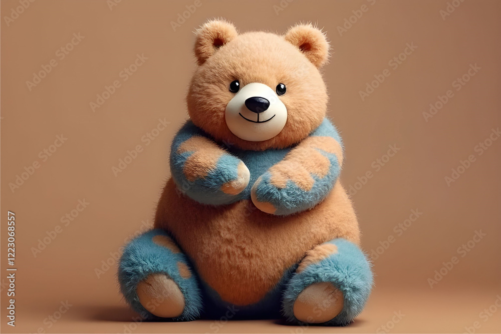 Obraz premium Volumetric bear in a confused sequence of brown, beige and blue on a brown background. Love in the color of mocha mousse. Trend 2025. Valentine's Day. Fashion design. Banner with space for text.