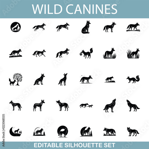 Wild Canines Editable Silhouette Set of Wolves, Foxes, Coyotes