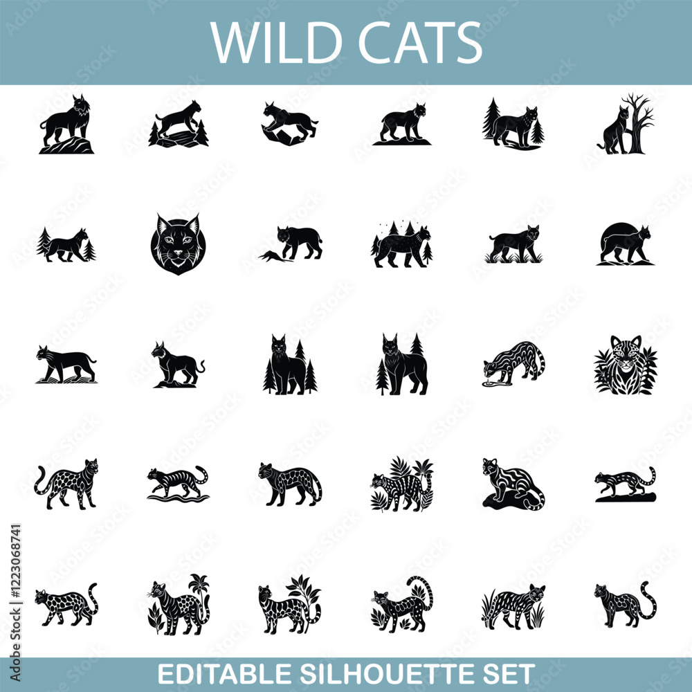 Obraz premium Wild Cat Silhouettes Editable Vector Set, Black Icons, Nature