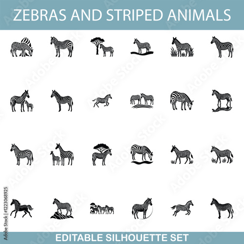 Zebras, Striped Animals, Silhouette Set, Editable Vector Icons, Wildlife, African Savanna, Mammal, E