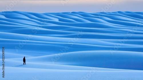 Solitary Figure Amidst Undulating Blue Sand Dunes