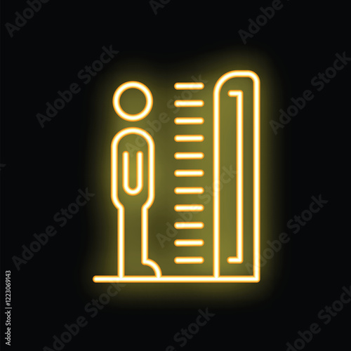 Yellow glowing neon icon of a person measuring height with measuring tape, isolated on black background