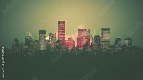 Night City Skyline Glowing Buildings Illuminated