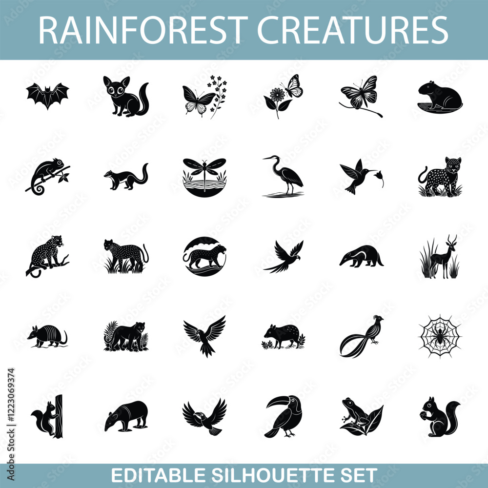 Fototapeta premium Rainforest Animals Editable Silhouette Set of Diverse Creatures