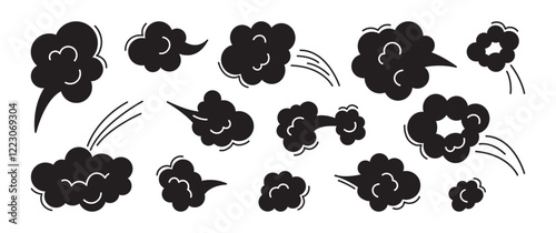 Comic doodle cloud speed jump effect, fast motion wind icon. Poof smoke fly, dust bubble whoosh. Speed and jump wind, whoosh air dust breath, smell gas. Boom black silhouette set. Vector illustration