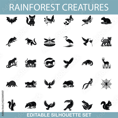 Rainforest Creatures Editable Silhouette Set of Diverse Wildlife