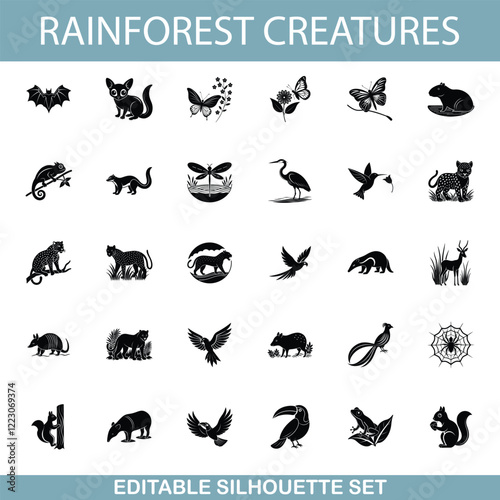 Rainforest Animals Editable Silhouette Set of Diverse Creatures
