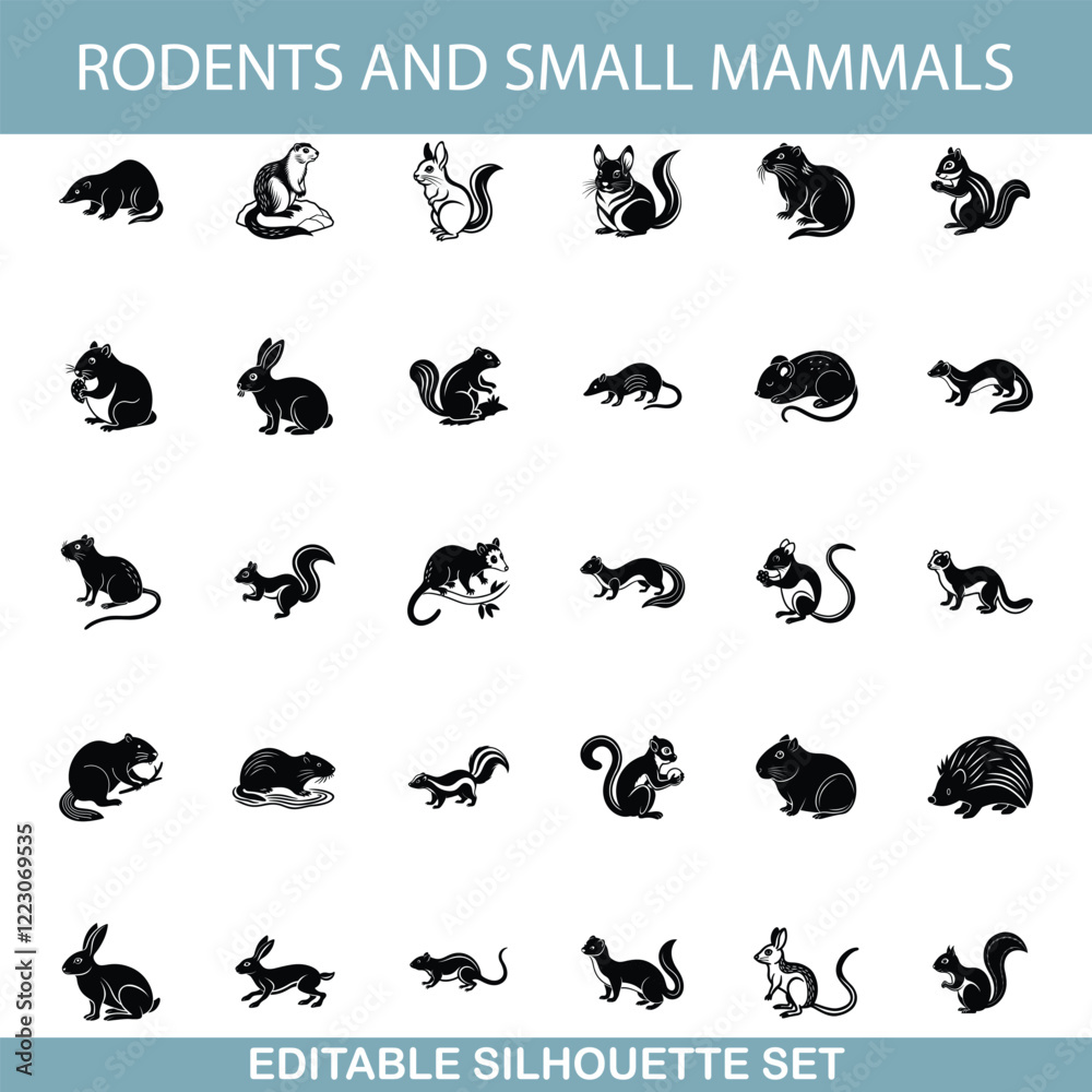 Rodents, Small Mammals, Silhouette, Editable Set, Wildlife, Animals, Icons, Vector, Graphics, Illust
