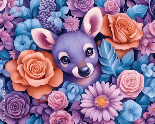 A collage of animals and their owners celebrating unique bonds, illustrating love and appreciation This beautiful piece features a doe surrounded by colorful flowers, a celebration of nature's photo