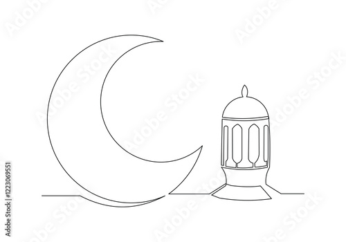 Continuous single line sketch drawing of moon crescent and lantern lamp ramadhan kareem ied mubarak islamic symbol one line art vector illustration