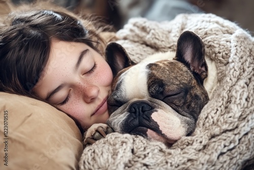A touching portrayal of a pet resting its head on its humans lap, showing an unbreakable bond and deep understanding This heartwarming image captures the purest form of love between a young girl and