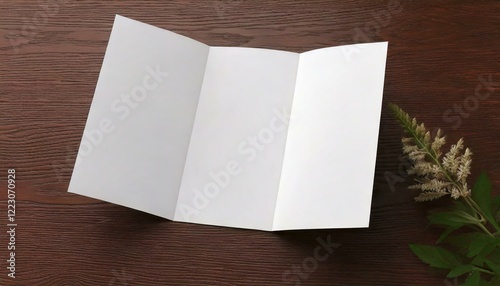 木製の机に乗っている空白の三つ折りの白い紙のフレーム背景