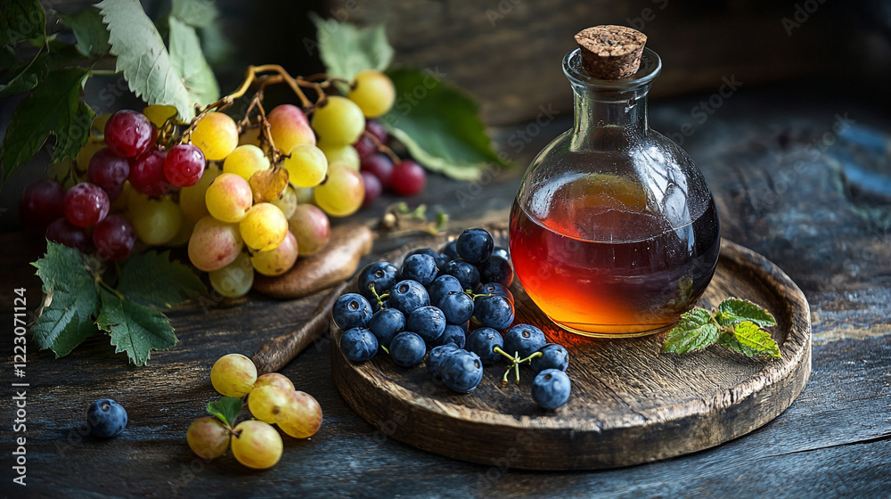 Freshly harvested fruits and homemade syrup displayed on rustic wooden table Freshly harvested fruits and homemade syrup displayed on rustic wooden table