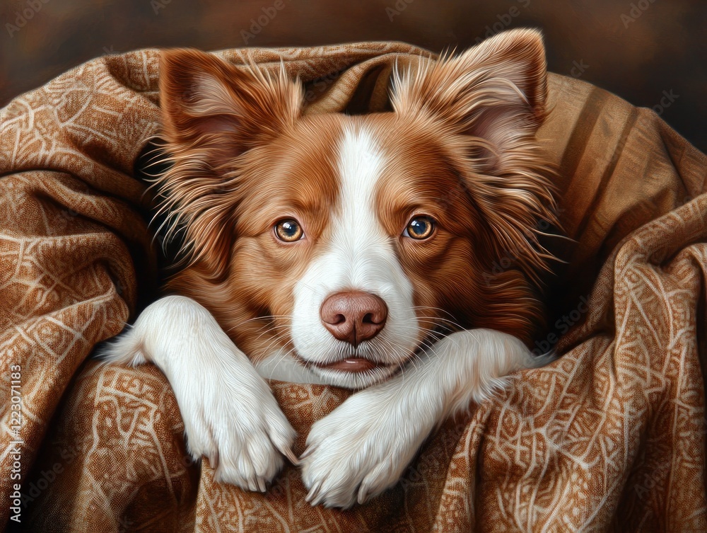 Capture a tender memory of a pet meeting its owners gaze, symbolizing trust and meaningful moments with this heartwarming image of a brown and white dog nestled in a patterned blanket, its eyes soft Capture a tender memory of a pet meeting its owners gaze, symbolizing trust and meaningful moments with this heartwarming image of a brown and white dog nestled in a patterned blanket, its eyes soft