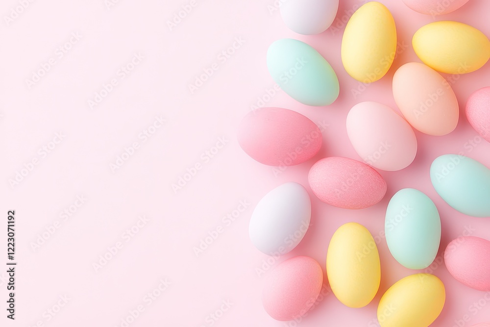 Colorful pastel eggs arranged on a soft pink background, perfect for spring celebrations and Easter Colorful pastel eggs arranged on a soft pink background, perfect for spring celebrations and Easter
