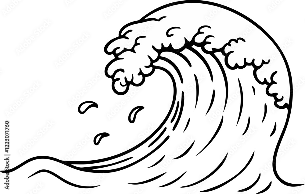 Naklejka premium Black and White Ocean Wave Illustration Detailed Vintage Style Vector Art