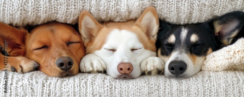 Capture the essence of pure comfort with this adorable image showcasing Lovable pets cuddled together on a cozy couch, radiating warmth and companionship in a sunlit room Three sleepy puppies snuggle
